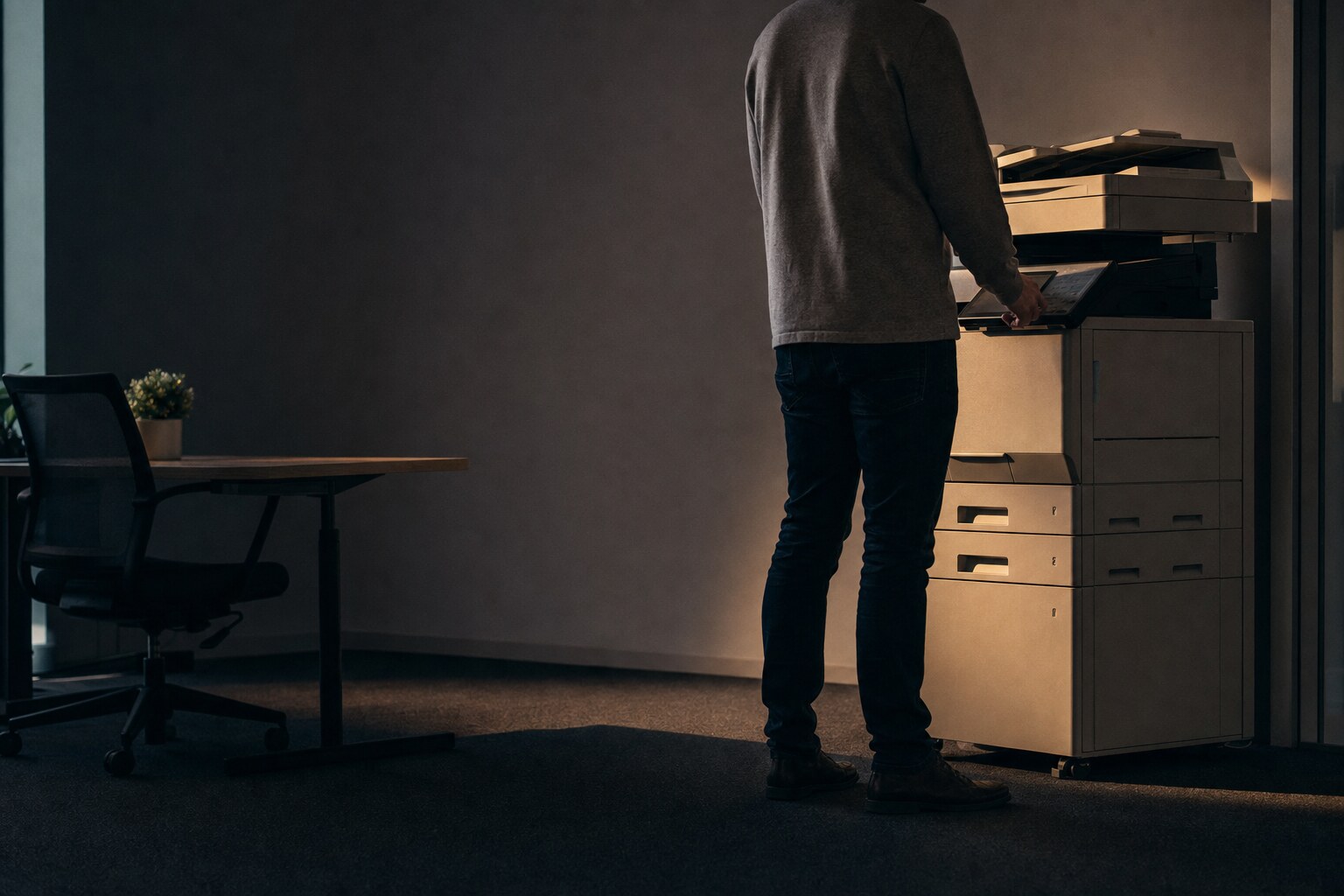Duże urządzenie wielofunkcyjne w biurze o zmroku