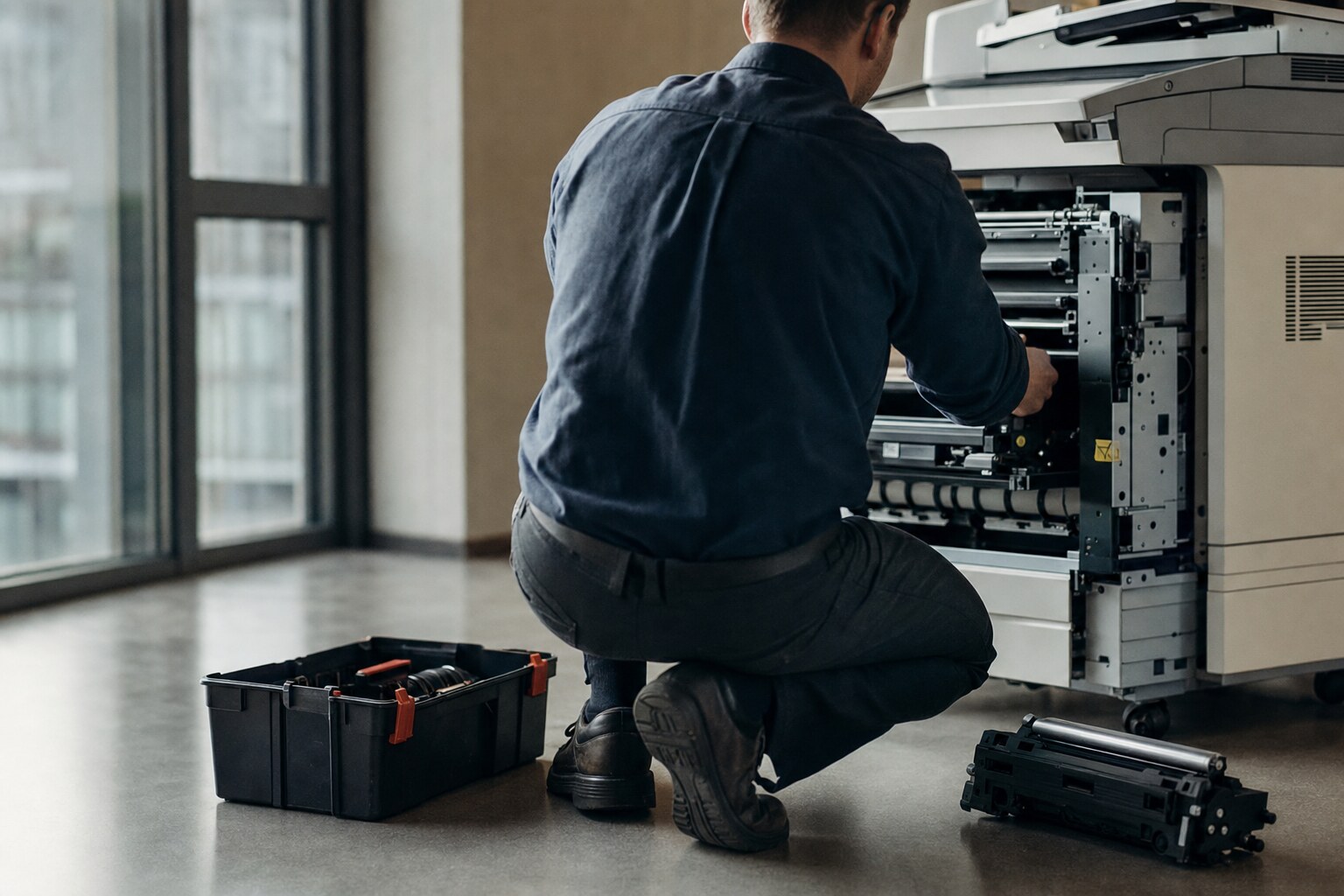 Technik serwisu przy otwartym urządzeniu wielofunkcyjnym
