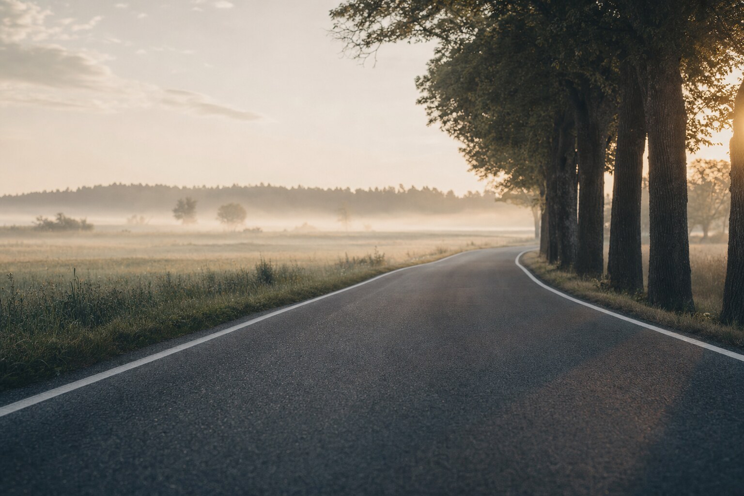 Pusta droga wiejska we mgle nad polami
