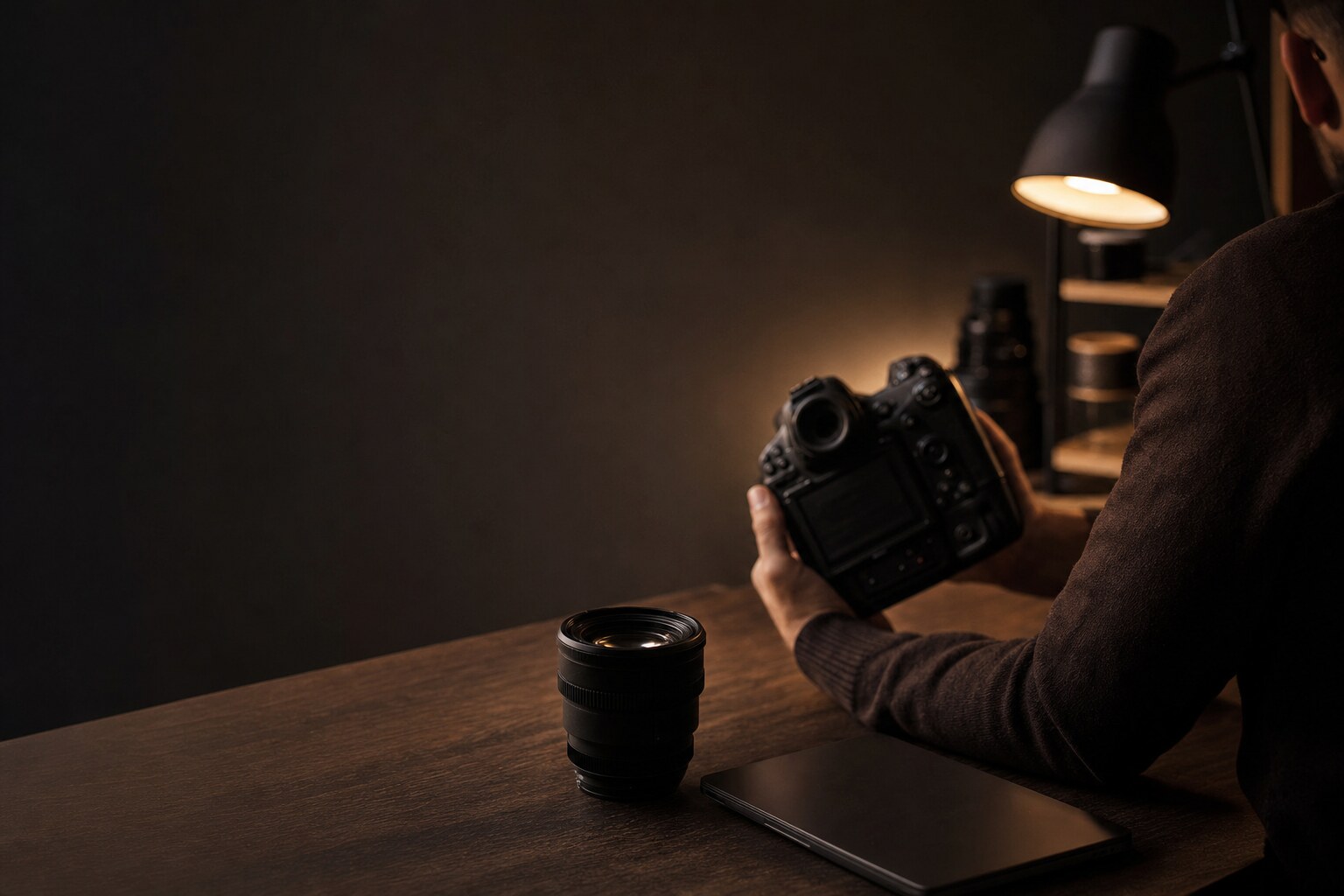 Stanowisko fotografa o zmierzchu z aparatem na biurku