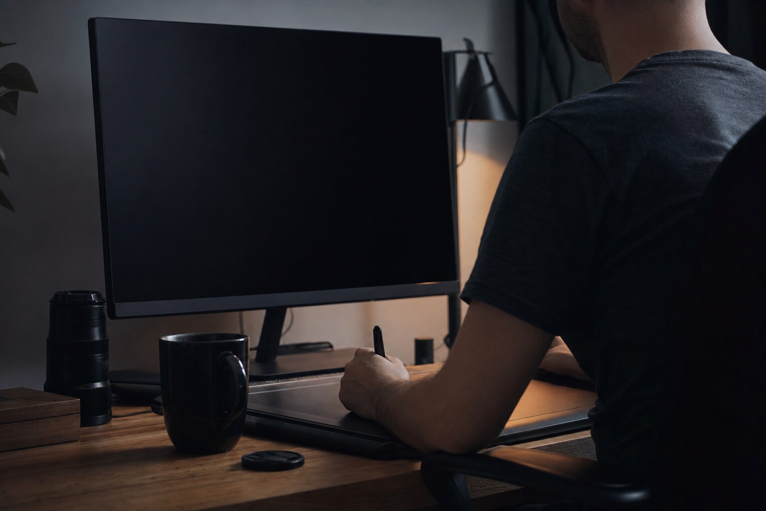 Biurko do obróbki zdjęć z wygaszonym monitorem