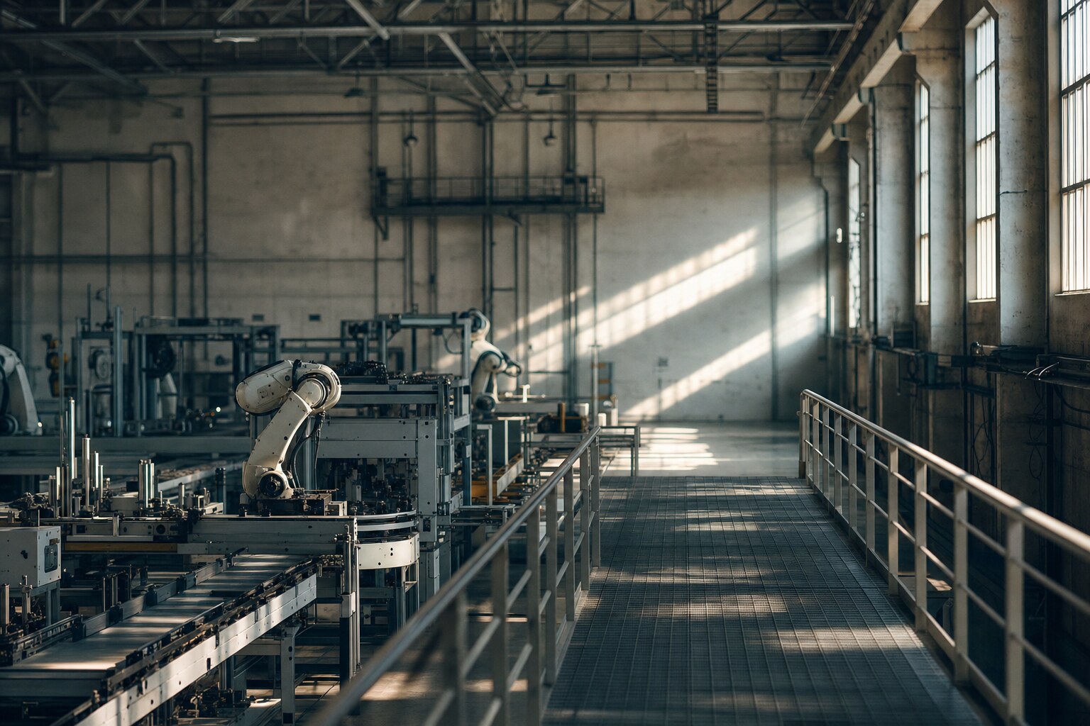 Hala produkcyjna z przenośnikami i ramionami robotów