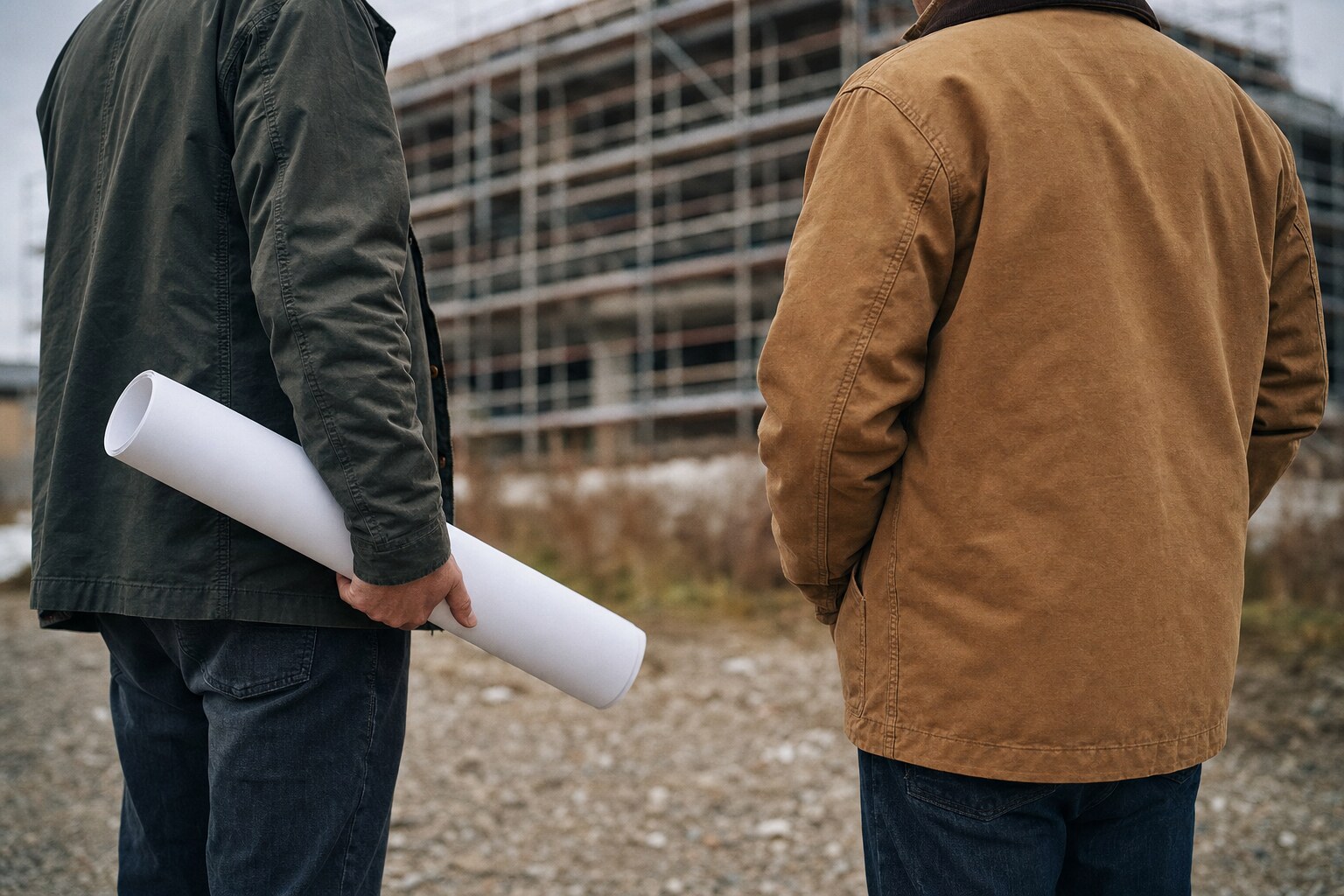 Dwie osoby w kurtkach roboczych na budowie