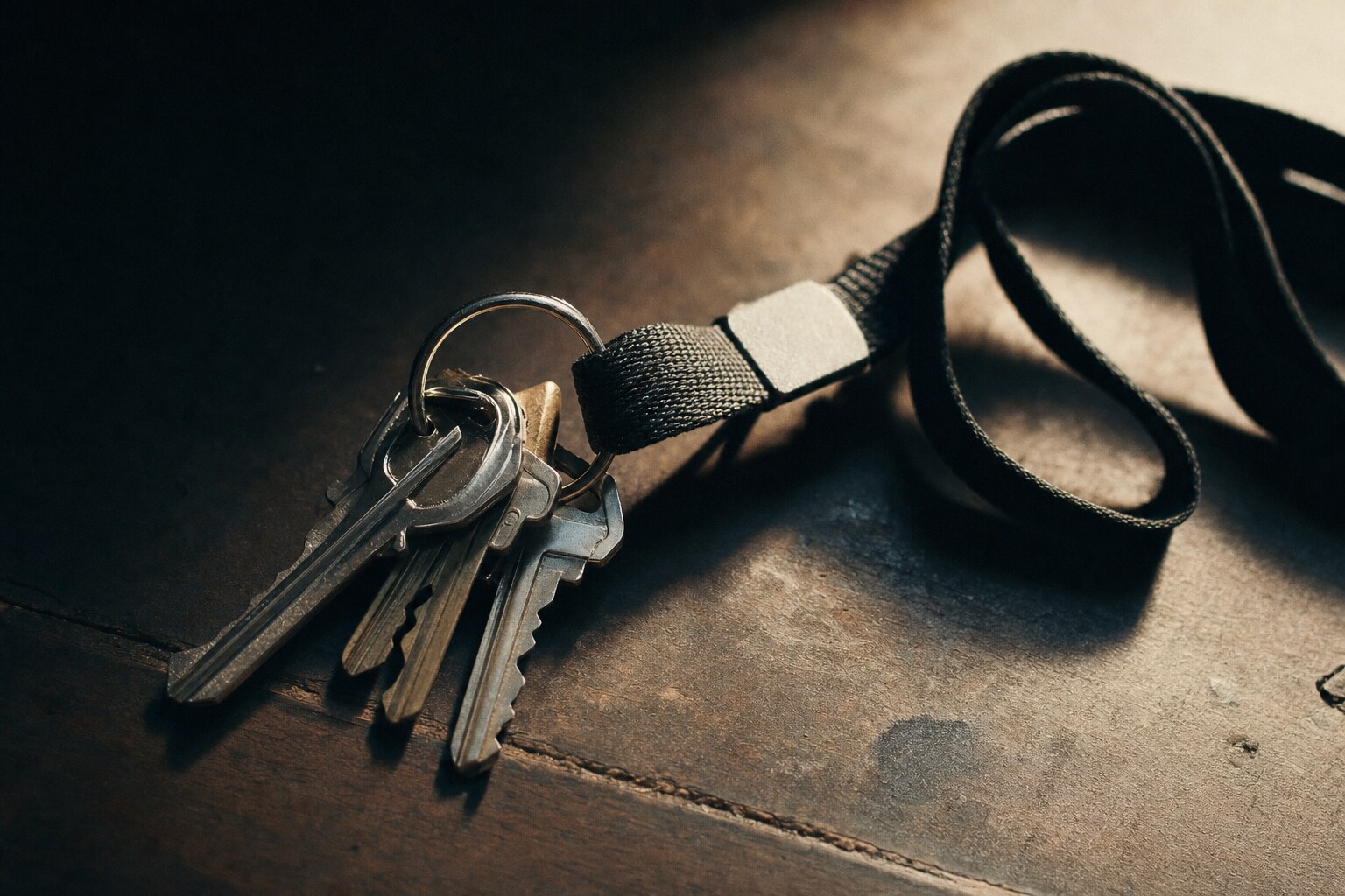 Kluczyki i identyfikator leżące na biurku z bliska