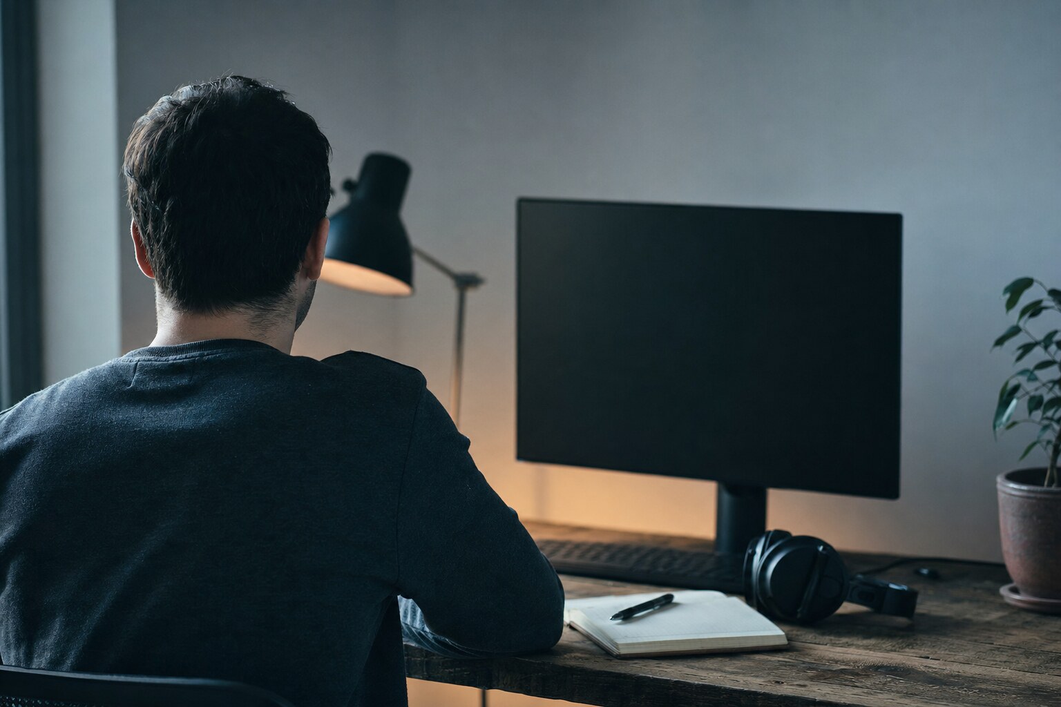 Osoba przy biurku ogląda wygaszony monitor z notatkami